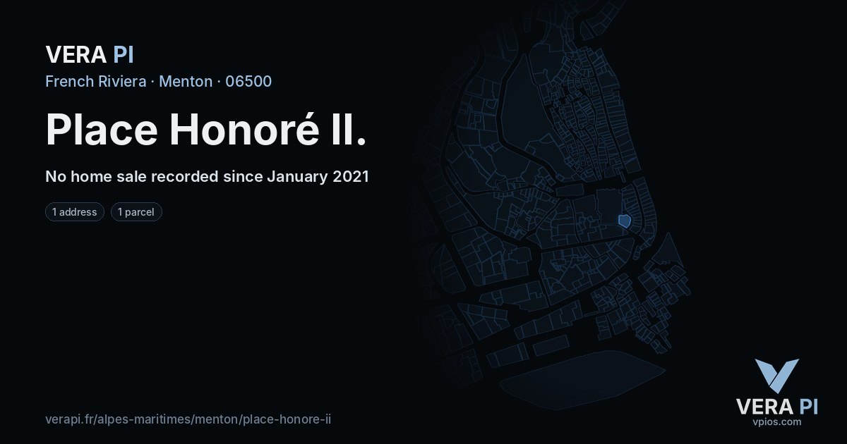 Place Honoré II, Menton at night – every parcel coloured by the prices around it, the street's own parcels lit