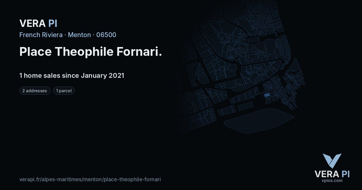 Place Theophile Fornari, Menton at night – every parcel coloured by the prices around it, the street's own parcels lit
