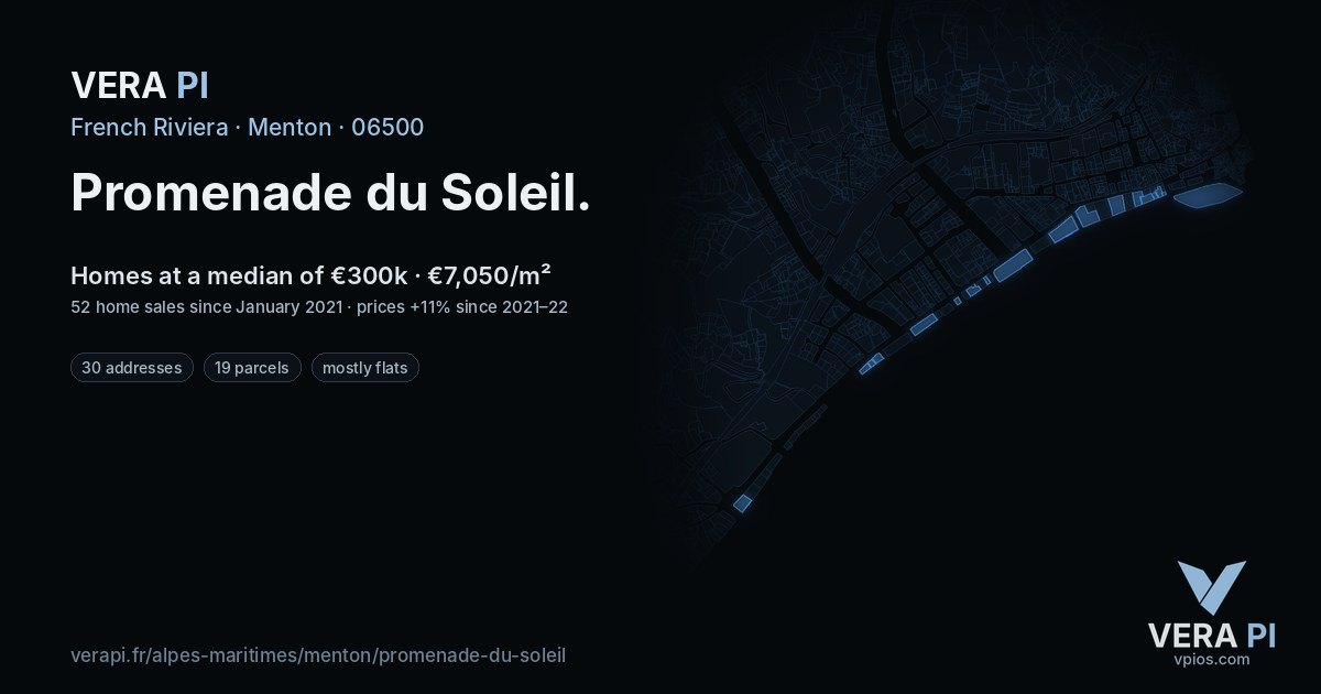Promenade du Soleil, Menton at night – every parcel coloured by the prices around it, the street's own parcels lit