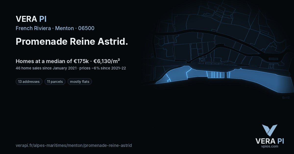 Promenade Reine Astrid, Menton at night – every parcel coloured by the prices around it, the street's own parcels lit