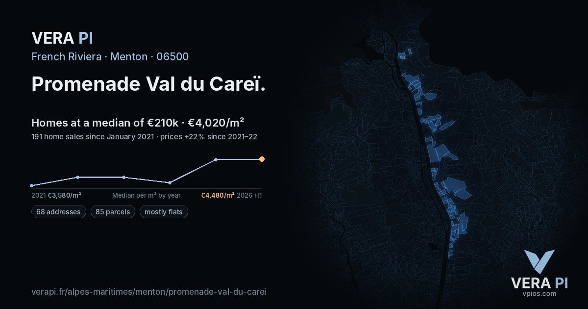 Promenade Val du Careï, Menton at night – every parcel coloured by the prices around it, the street's own parcels lit