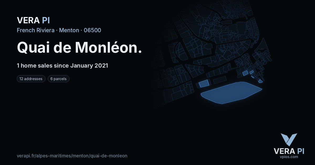 Quai de Monléon, Menton at night – every parcel coloured by the prices around it, the street's own parcels lit