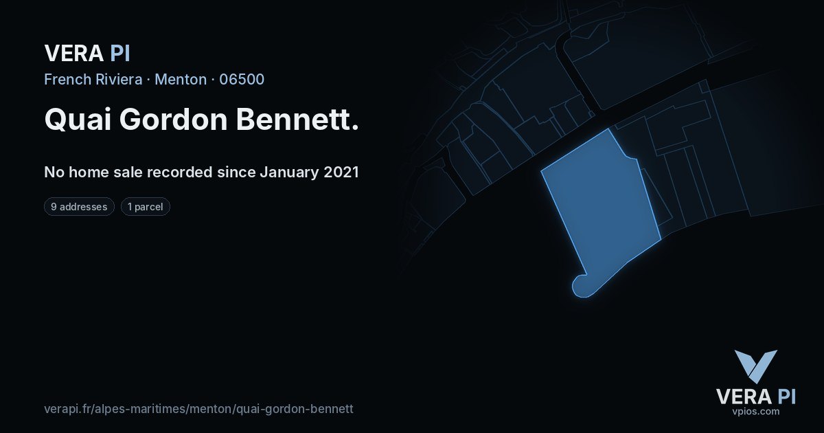 Quai Gordon Bennett, Menton at night – every parcel coloured by the prices around it, the street's own parcels lit