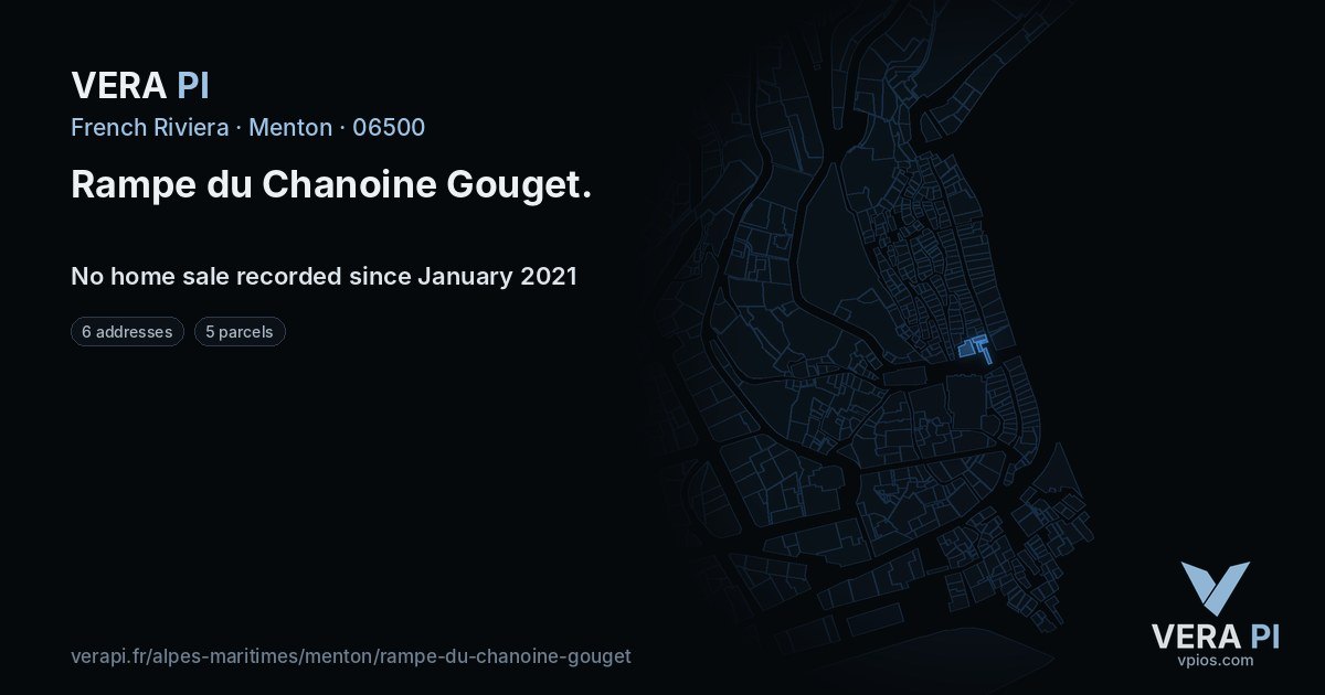 Rampe du Chanoine Gouget, Menton at night – every parcel coloured by the prices around it, the street's own parcels lit