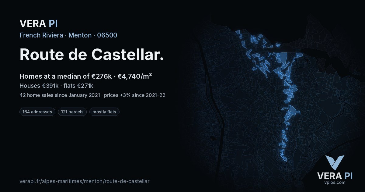 Route de Castellar, Menton at night – every parcel coloured by the prices around it, the street's own parcels lit
