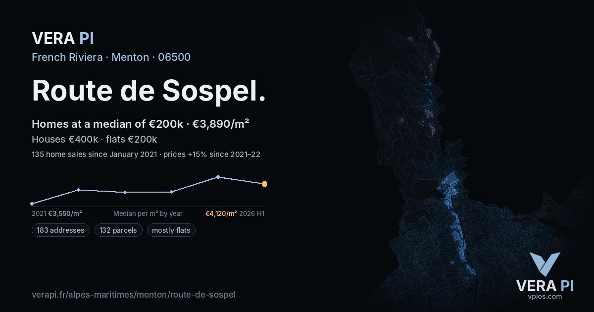Route de Sospel, Menton at night – every parcel coloured by the prices around it, the street's own parcels lit