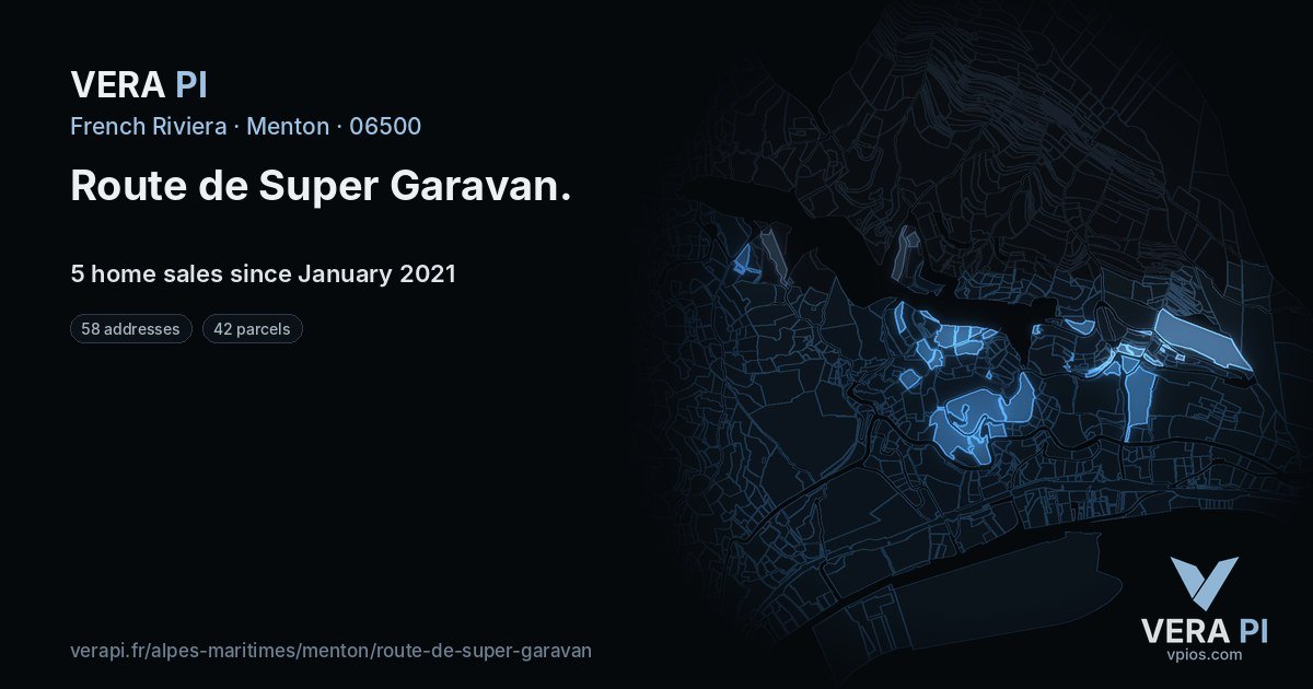 Route de Super Garavan, Menton at night – every parcel coloured by the prices around it, the street's own parcels lit