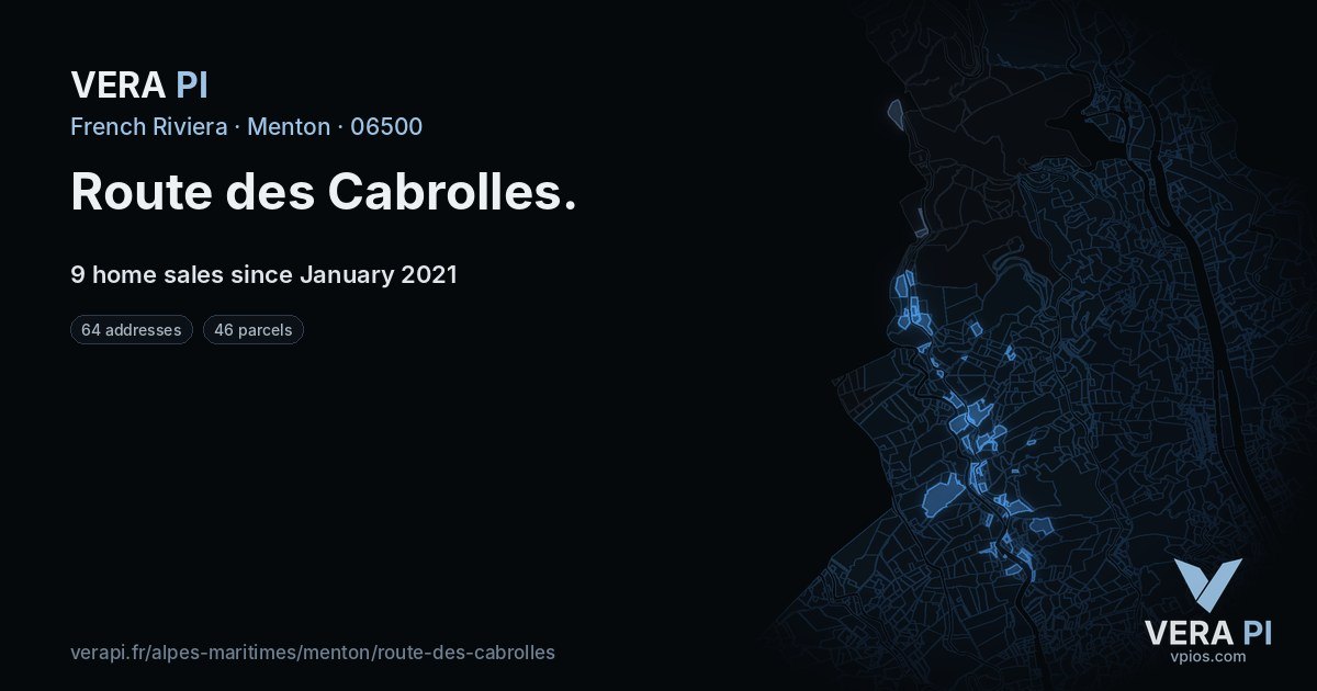 Route des Cabrolles, Menton at night – every parcel coloured by the prices around it, the street's own parcels lit