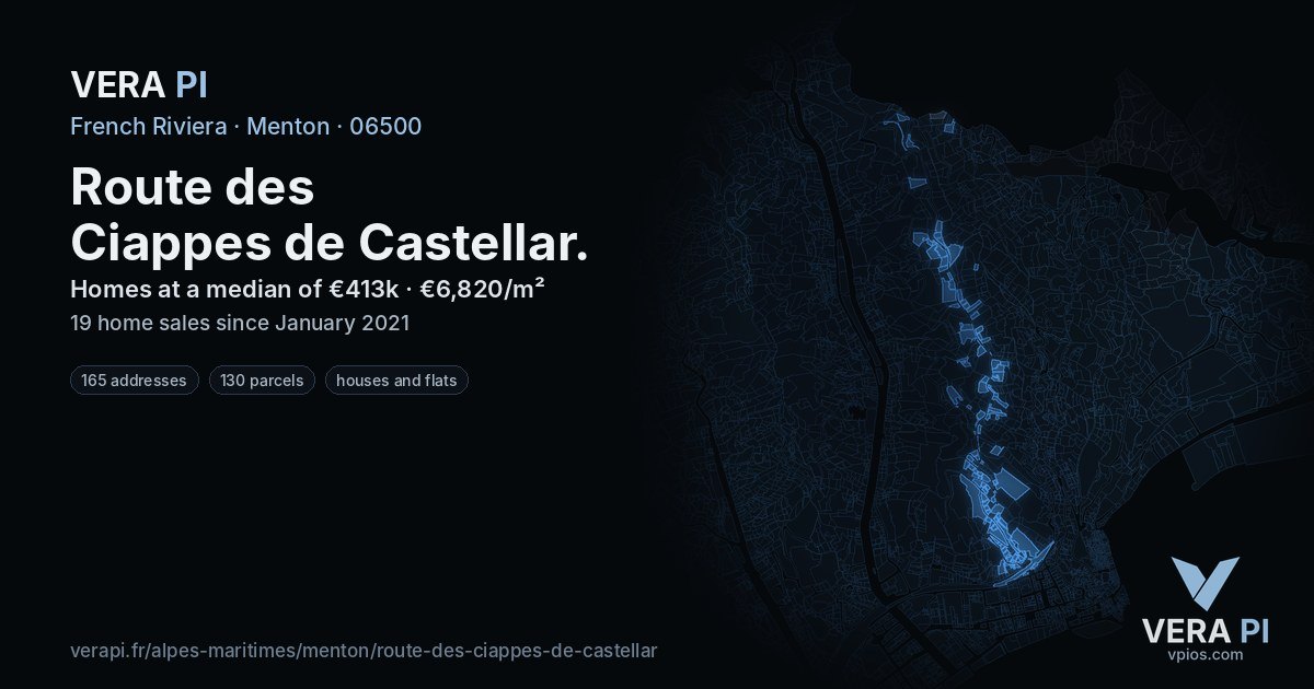Route des Ciappes de Castellar, Menton at night – every parcel coloured by the prices around it, the street's own parcels lit