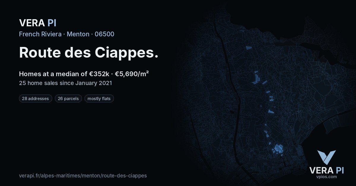 Route des Ciappes, Menton at night – every parcel coloured by the prices around it, the street's own parcels lit