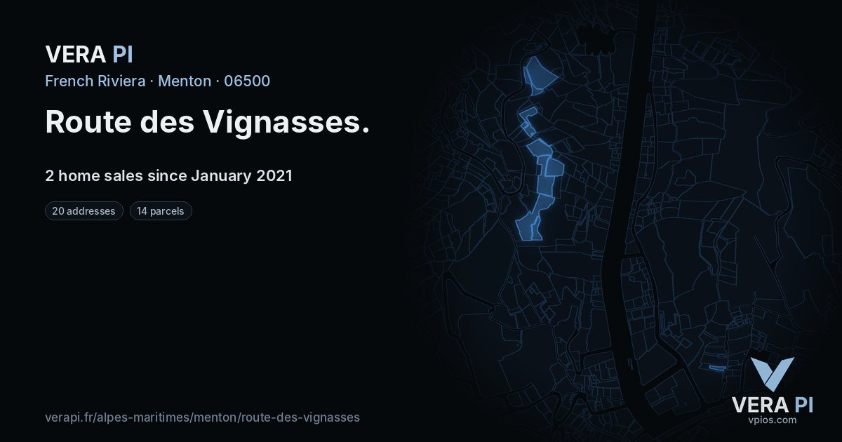 Route des Vignasses, Menton at night – every parcel coloured by the prices around it, the street's own parcels lit