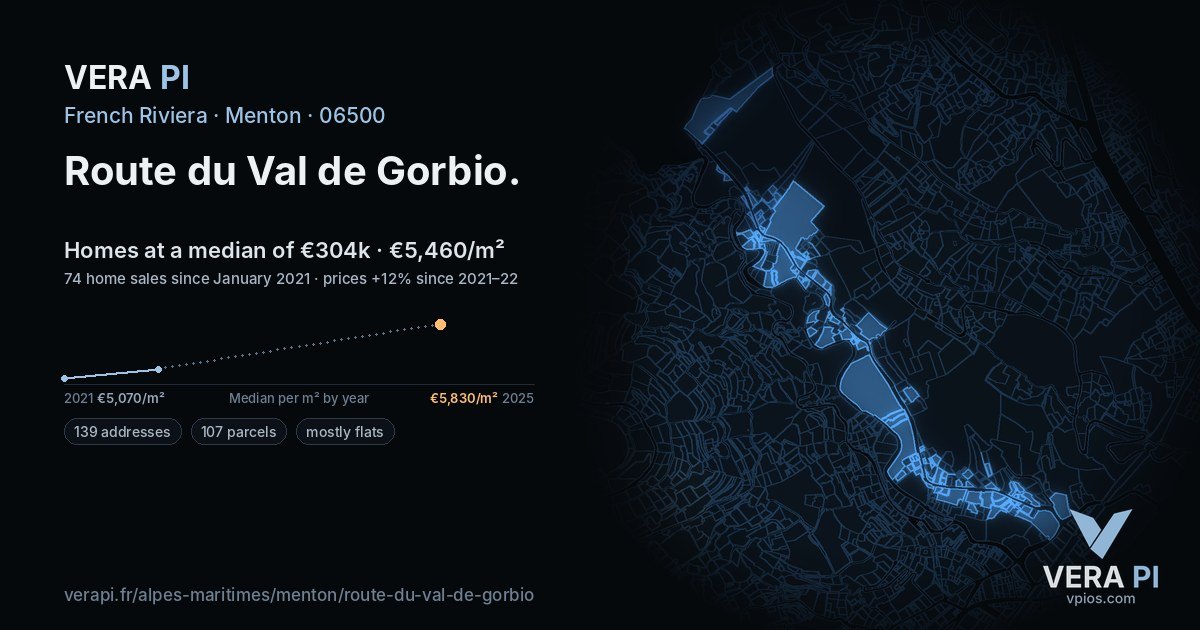 Route du Val de Gorbio, Menton at night – every parcel coloured by the prices around it, the street's own parcels lit