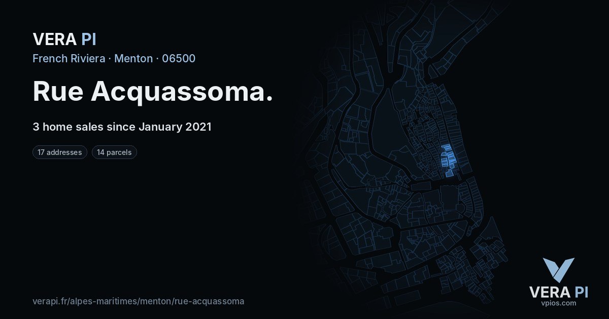 Rue Acquassoma, Menton at night – every parcel coloured by the prices around it, the street's own parcels lit