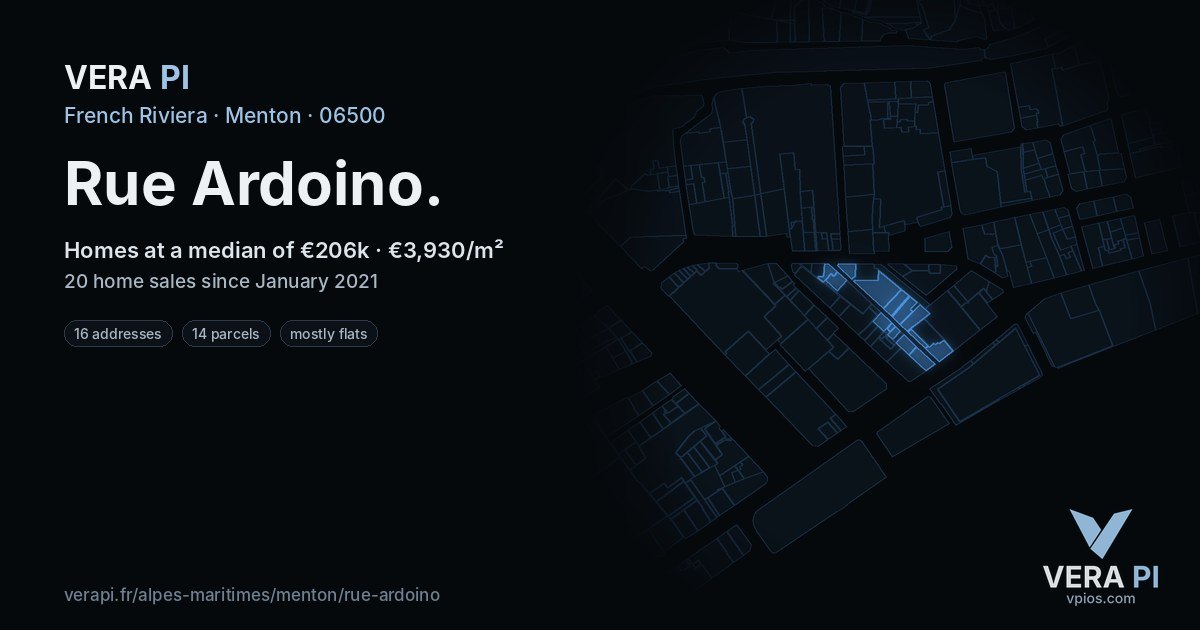 Rue Ardoino, Menton at night – every parcel coloured by the prices around it, the street's own parcels lit
