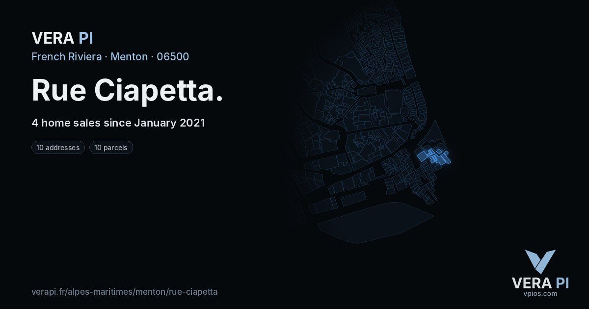 Rue Ciapetta, Menton at night – every parcel coloured by the prices around it, the street's own parcels lit