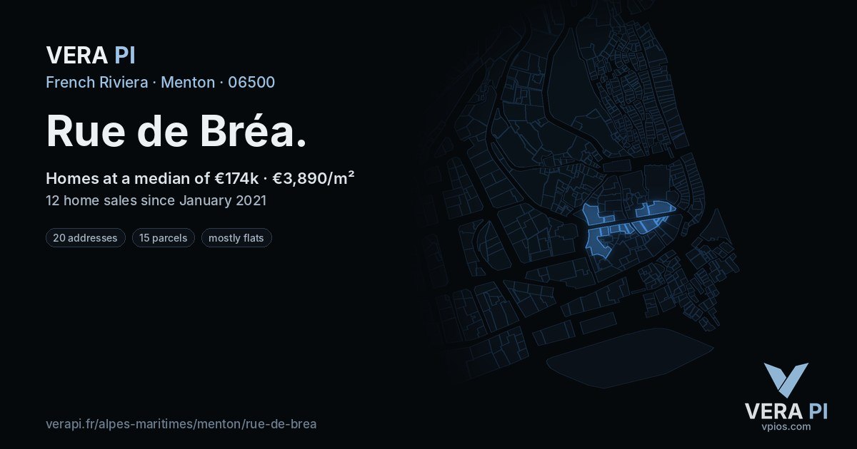 Rue de Bréa, Menton at night – every parcel coloured by the prices around it, the street's own parcels lit