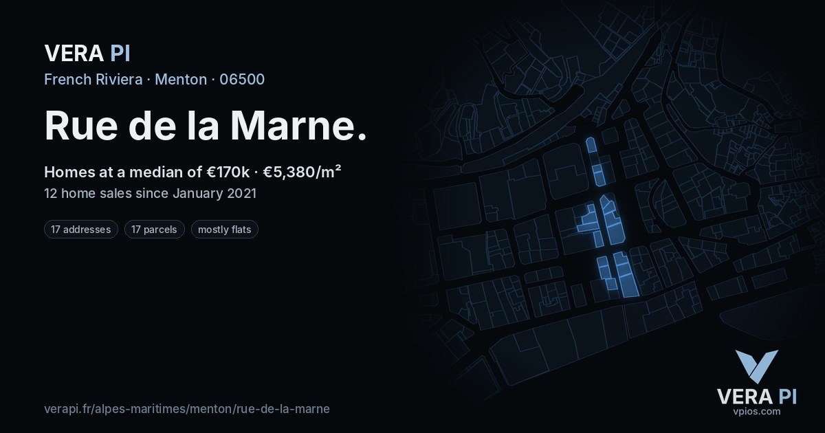Rue de la Marne, Menton at night – every parcel coloured by the prices around it, the street's own parcels lit