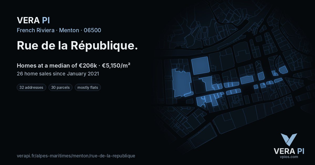 Rue de la République, Menton at night – every parcel coloured by the prices around it, the street's own parcels lit