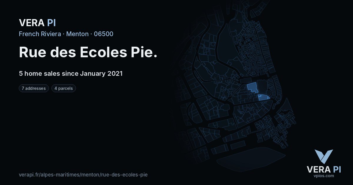 Rue des Ecoles Pie, Menton at night – every parcel coloured by the prices around it, the street's own parcels lit