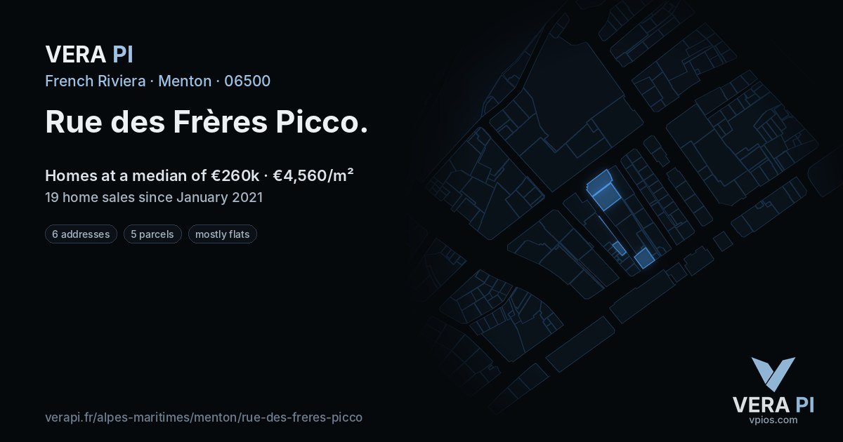 Rue des Frères Picco, Menton at night – every parcel coloured by the prices around it, the street's own parcels lit