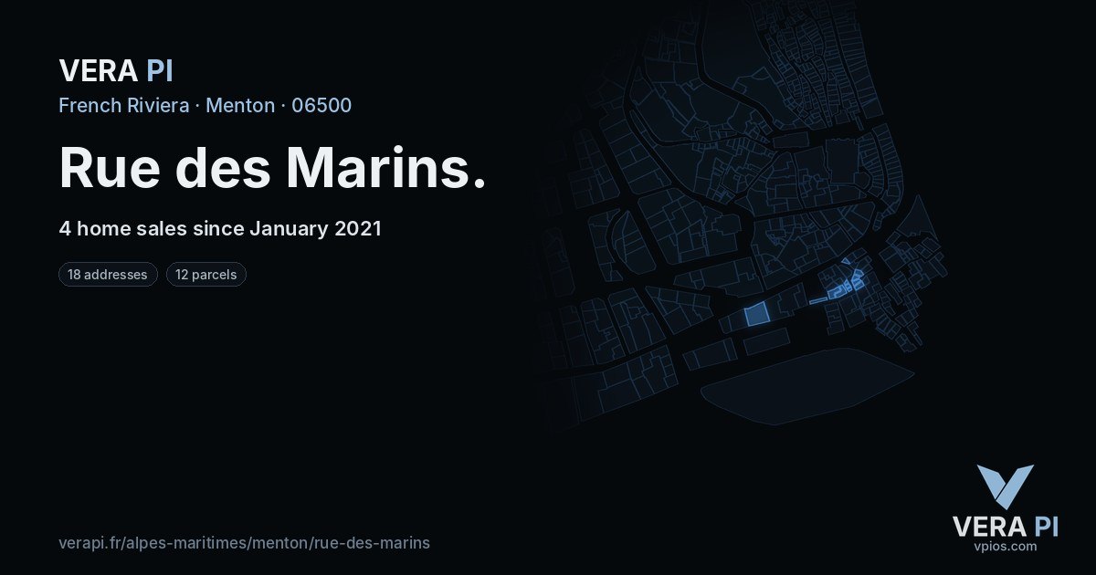 Rue des Marins, Menton at night – every parcel coloured by the prices around it, the street's own parcels lit
