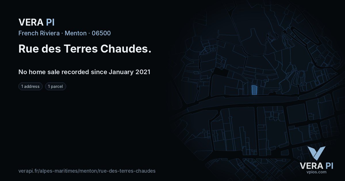 Rue des Terres Chaudes, Menton at night – every parcel coloured by the prices around it, the street's own parcels lit