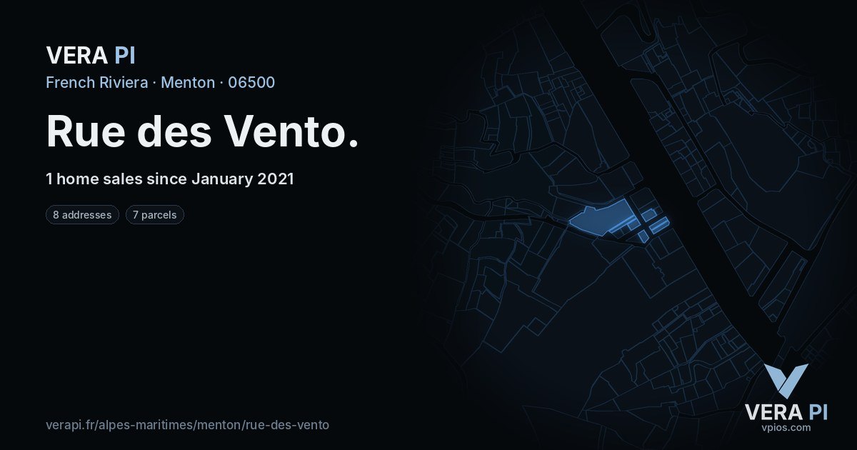 Rue des Vento, Menton at night – every parcel coloured by the prices around it, the street's own parcels lit