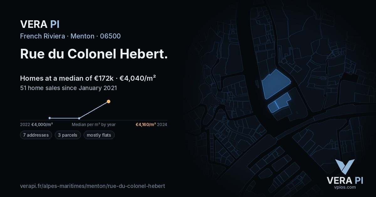 Rue du Colonel Hebert, Menton at night – every parcel coloured by the prices around it, the street's own parcels lit