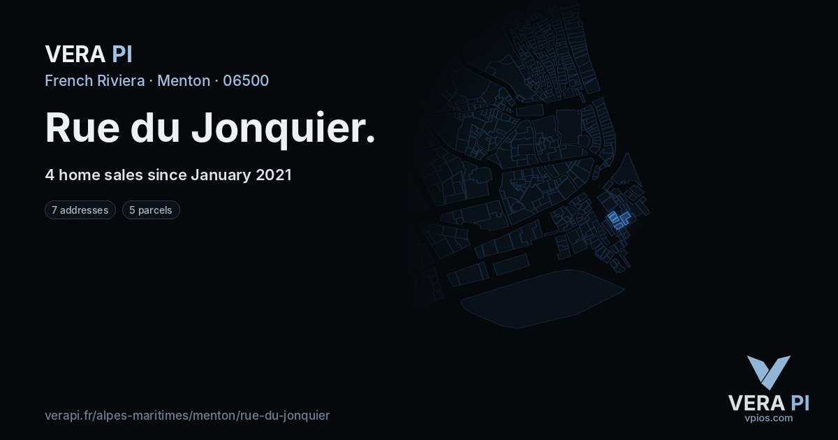 Rue du Jonquier, Menton at night – every parcel coloured by the prices around it, the street's own parcels lit