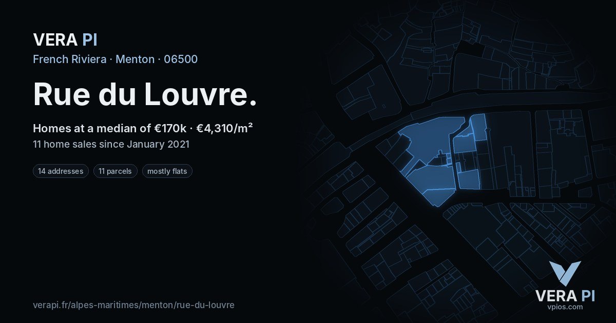 Rue du Louvre, Menton at night – every parcel coloured by the prices around it, the street's own parcels lit