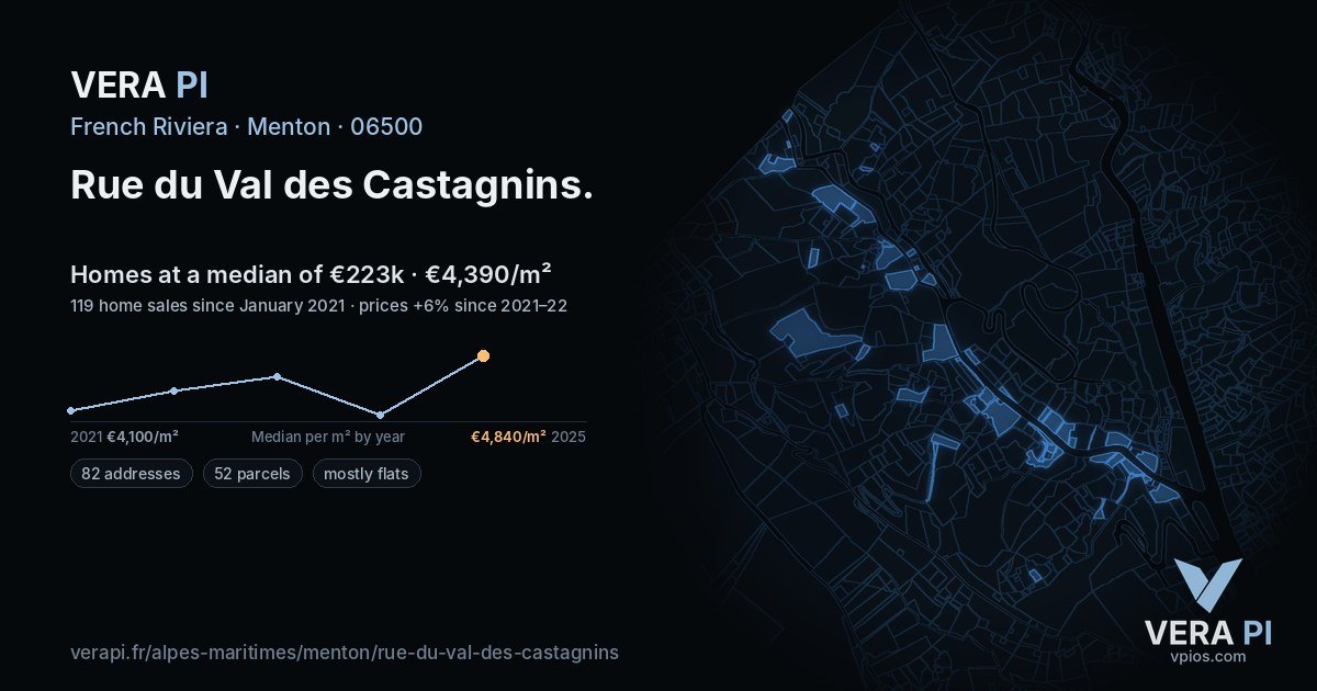Rue du Val des Castagnins, Menton at night – every parcel coloured by the prices around it, the street's own parcels lit