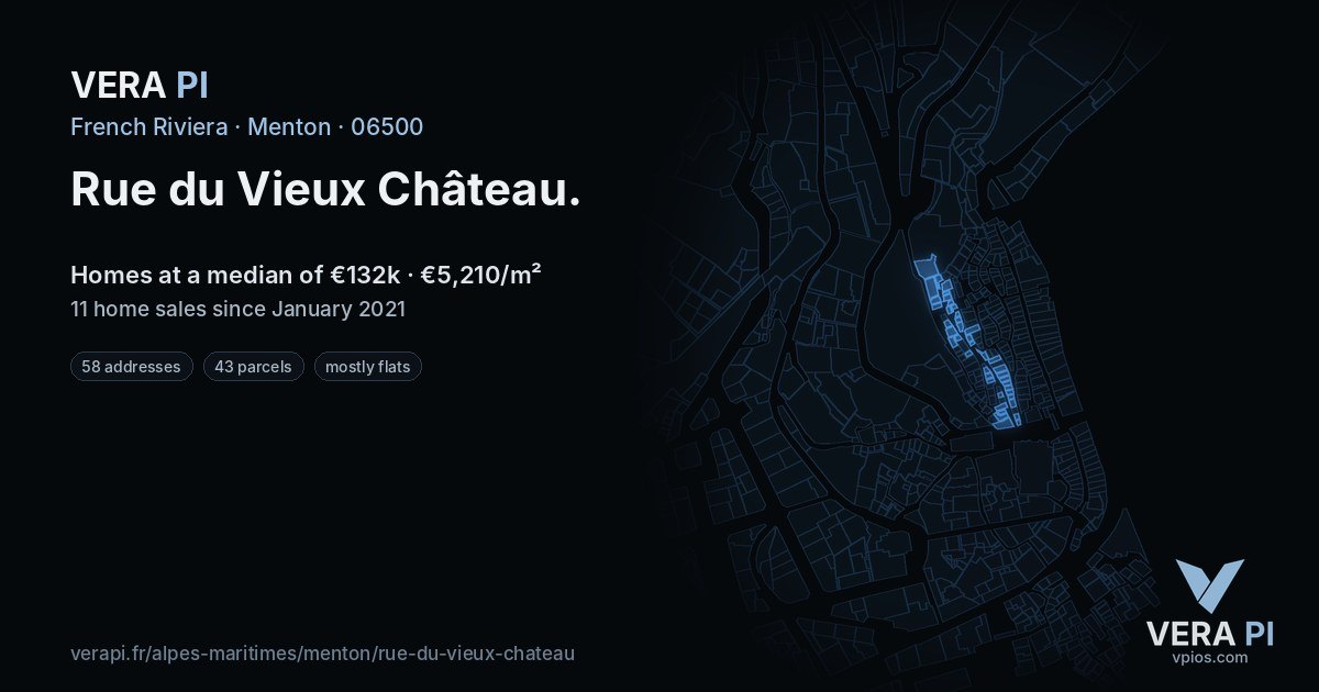 Rue du Vieux Château, Menton at night – every parcel coloured by the prices around it, the street's own parcels lit