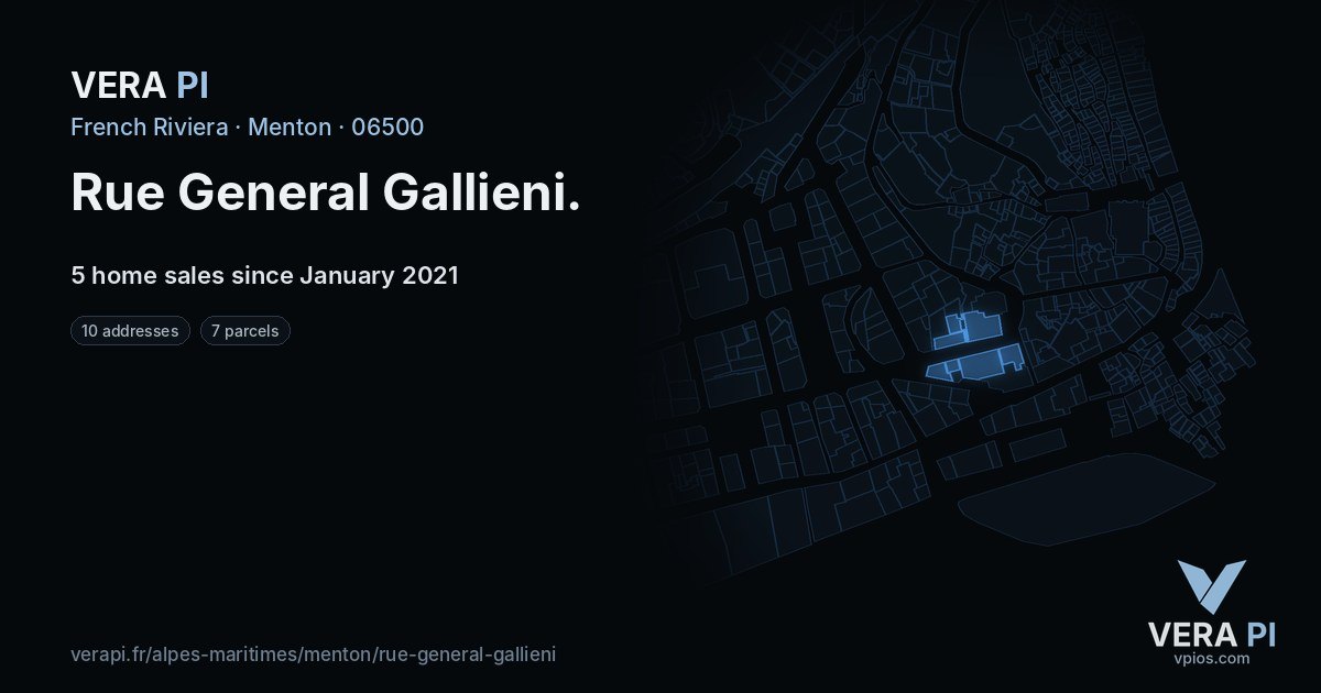 Rue General Gallieni, Menton at night – every parcel coloured by the prices around it, the street's own parcels lit