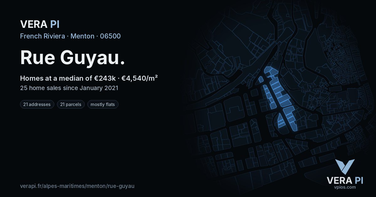 Rue Guyau, Menton at night – every parcel coloured by the prices around it, the street's own parcels lit