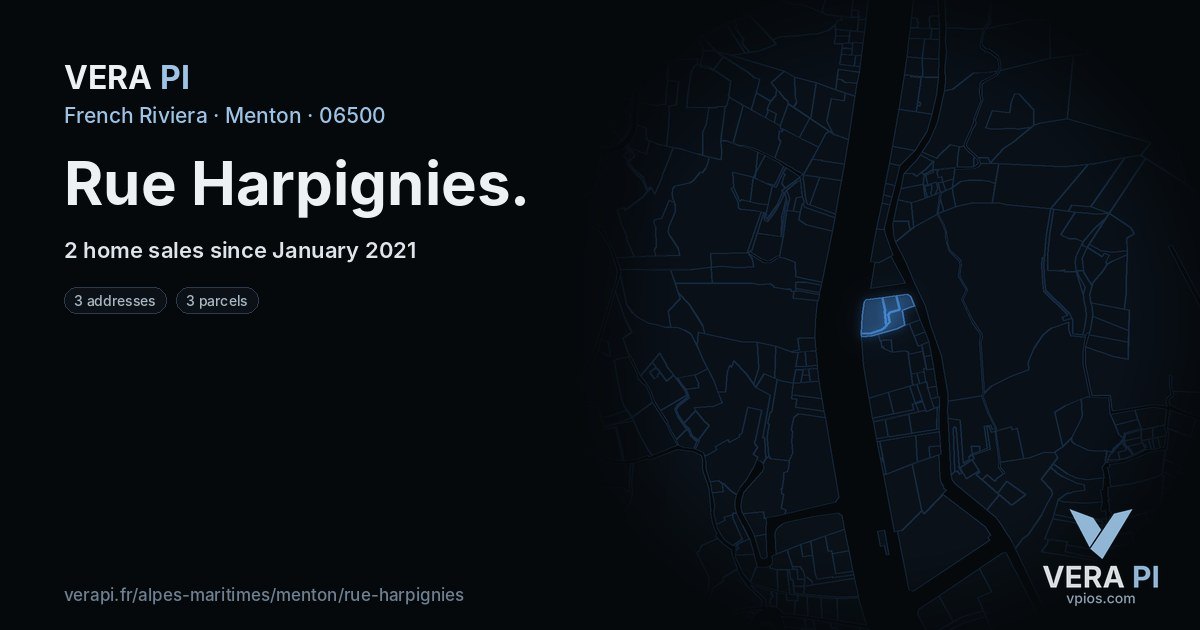 Rue Harpignies, Menton at night – every parcel coloured by the prices around it, the street's own parcels lit
