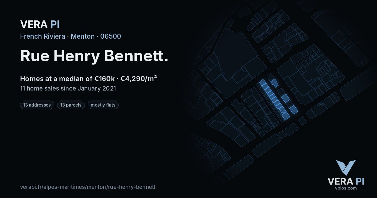 Rue Henry Bennett, Menton at night – every parcel coloured by the prices around it, the street's own parcels lit