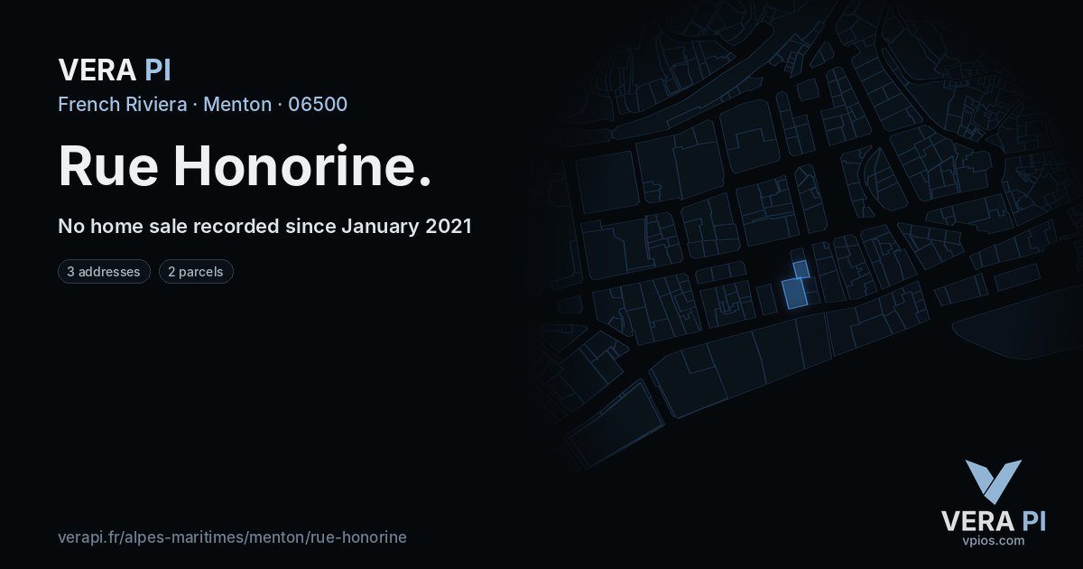 Rue Honorine, Menton at night – every parcel coloured by the prices around it, the street's own parcels lit