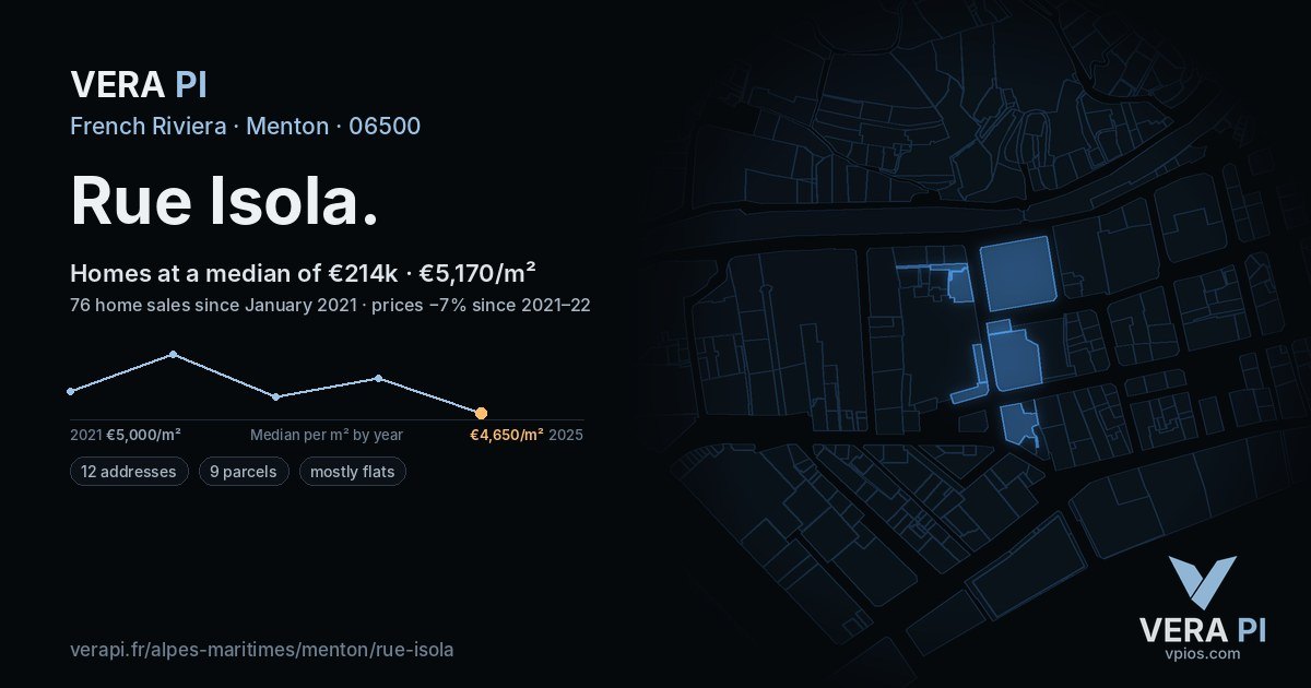 Rue Isola, Menton at night – every parcel coloured by the prices around it, the street's own parcels lit