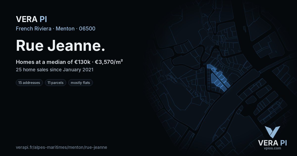 Rue Jeanne, Menton at night – every parcel coloured by the prices around it, the street's own parcels lit