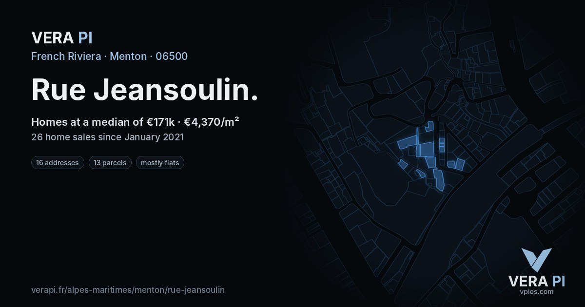 Rue Jeansoulin, Menton at night – every parcel coloured by the prices around it, the street's own parcels lit