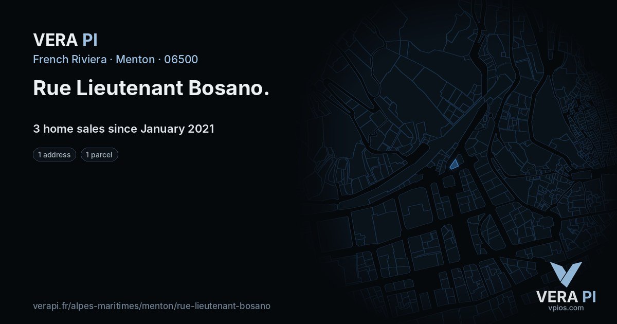 Rue Lieutenant Bosano, Menton at night – every parcel coloured by the prices around it, the street's own parcels lit