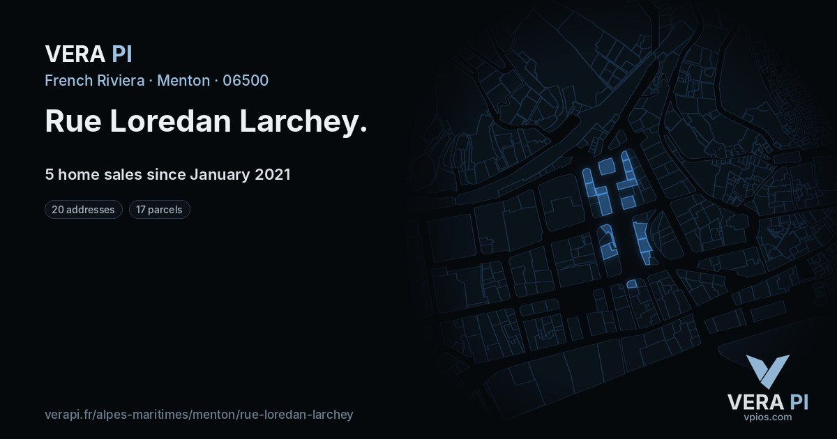Rue Loredan Larchey, Menton at night – every parcel coloured by the prices around it, the street's own parcels lit