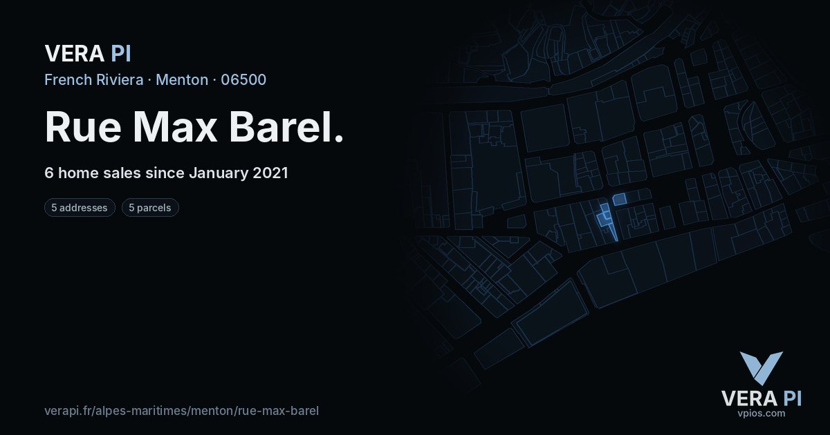 Rue Max Barel, Menton at night – every parcel coloured by the prices around it, the street's own parcels lit