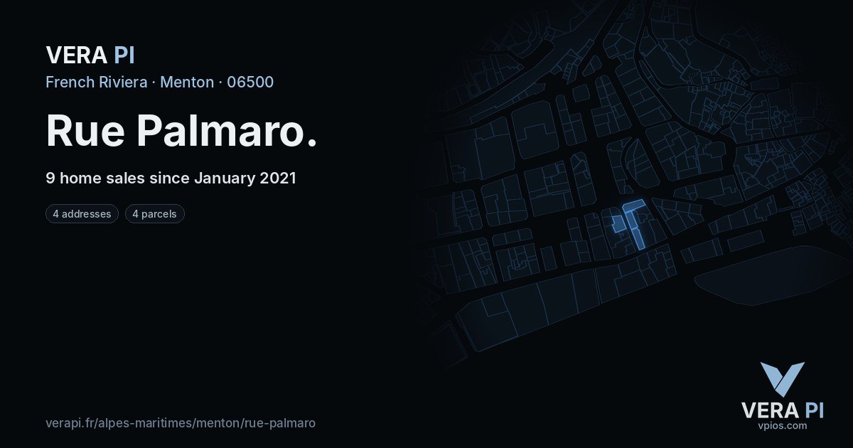 Rue Palmaro, Menton at night – every parcel coloured by the prices around it, the street's own parcels lit