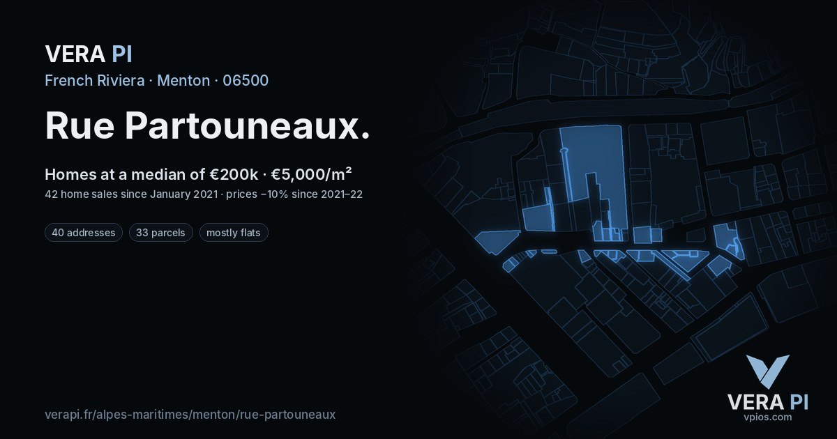 Rue Partouneaux, Menton at night – every parcel coloured by the prices around it, the street's own parcels lit