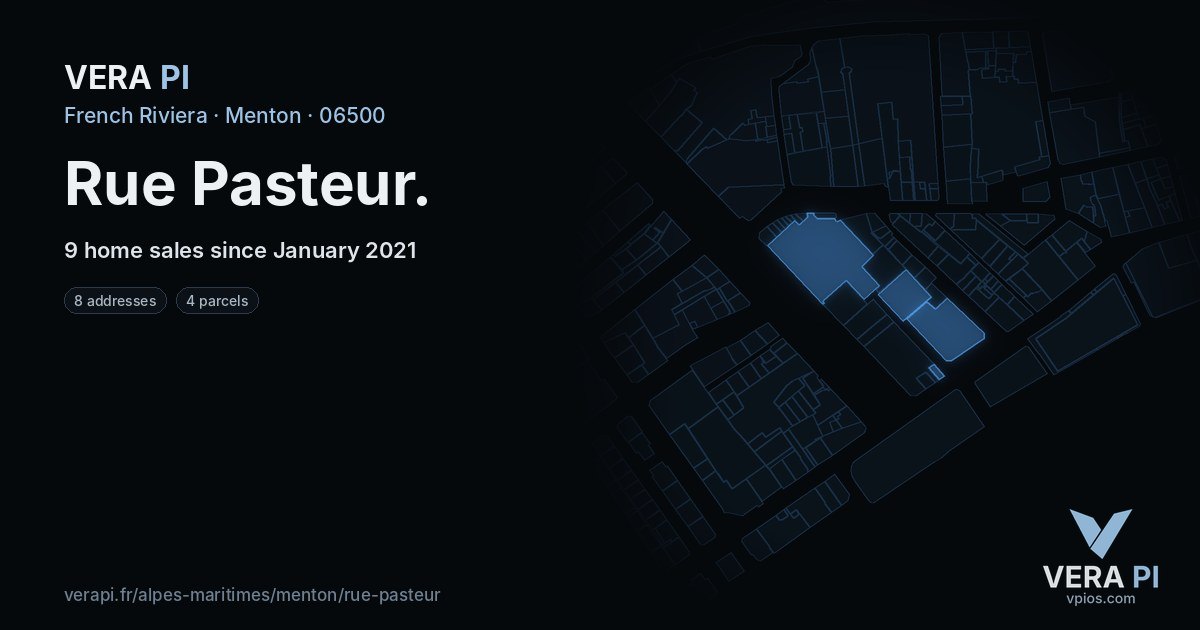 Rue Pasteur, Menton at night – every parcel coloured by the prices around it, the street's own parcels lit