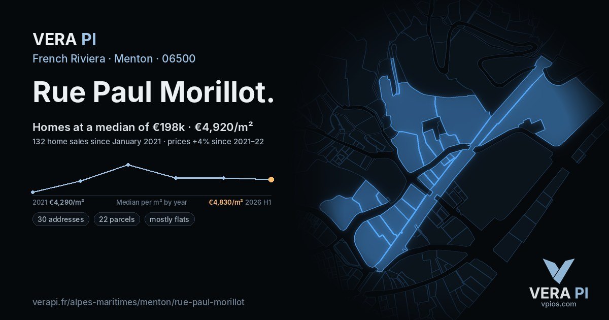 Rue Paul Morillot, Menton at night – every parcel coloured by the prices around it, the street's own parcels lit