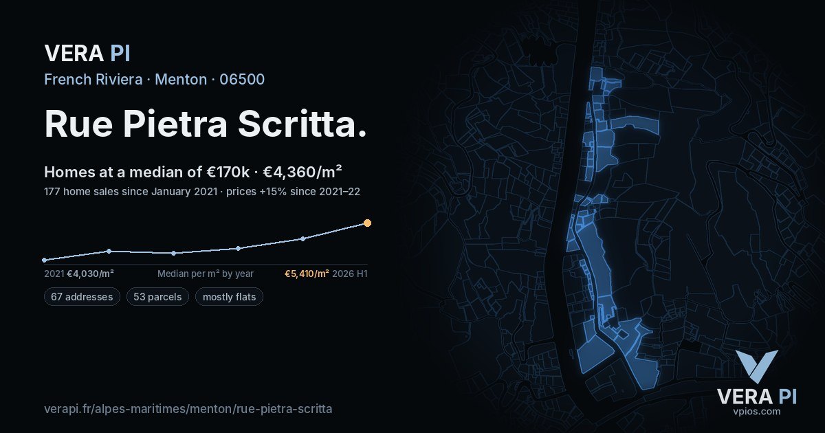 Rue Pietra Scritta, Menton at night – every parcel coloured by the prices around it, the street's own parcels lit