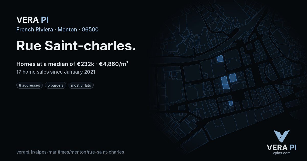Rue Saint-charles, Menton at night – every parcel coloured by the prices around it, the street's own parcels lit