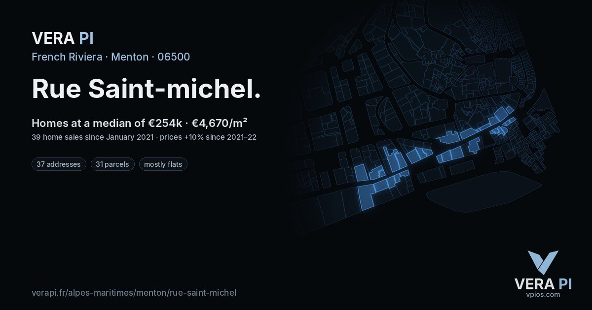 Rue Saint-michel, Menton at night – every parcel coloured by the prices around it, the street's own parcels lit
